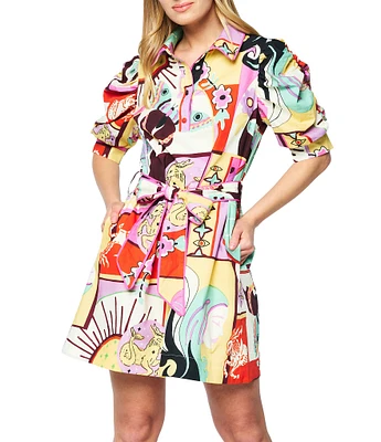 CIEBON Scarlette Printed Poplin Point Collar Puff Sleeve Button Front Shirt Dress