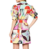 CIEBON Scarlette Printed Poplin Point Collar Puff Sleeve Button Front Shirt Dress