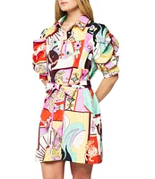 CIEBON Scarlette Printed Poplin Point Collar Puff Sleeve Button Front Shirt Dress