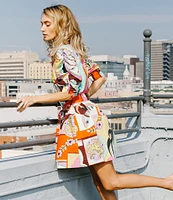 CIEBON Scarlette Printed Poplin Point Collar Puff Sleeve Button Front Shirt Dress