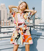 CIEBON Scarlette Printed Poplin Point Collar Puff Sleeve Button Front Shirt Dress