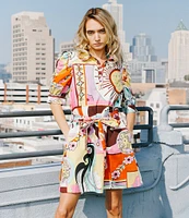 CIEBON Scarlette Printed Poplin Point Collar Puff Sleeve Button Front Shirt Dress