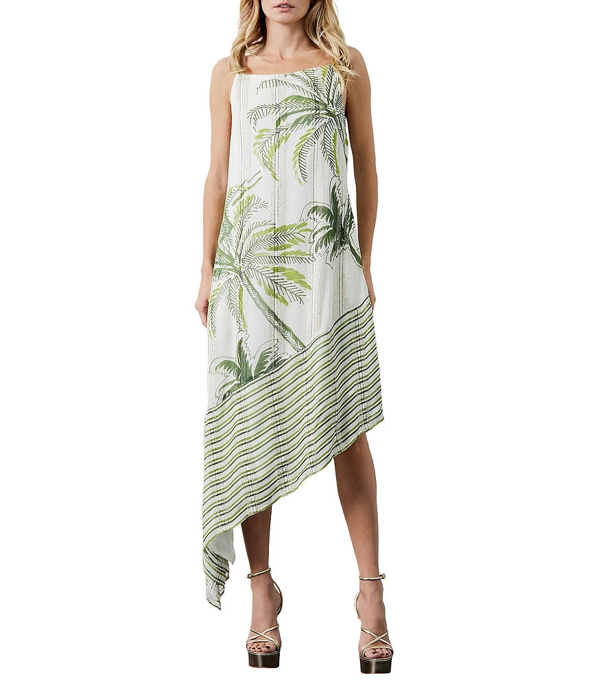 CIEBON Tamara Tropical Palm Tree Print Metallic Square Neck Asymmetrical Hem Dress