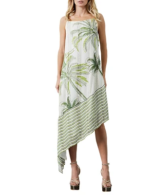CIEBON Tamara Tropical Palm Tree Print Metallic Square Neck Asymmetrical Hem Dress