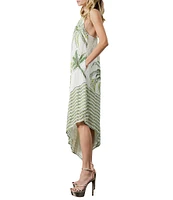 CIEBON Tamara Tropical Palm Tree Print Metallic Square Neck Asymmetrical Hem Dress