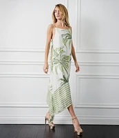 CIEBON Tamara Tropical Palm Tree Print Metallic Square Neck Asymmetrical Hem Dress