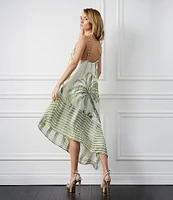 CIEBON Tamara Tropical Palm Tree Print Metallic Square Neck Asymmetrical Hem Dress