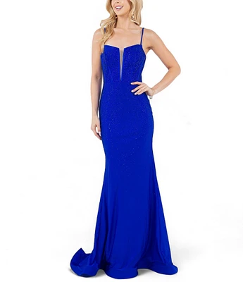 Cinderalla Couture Sleeveless Spaghetti Strap Beaded Lace Pattern Gown