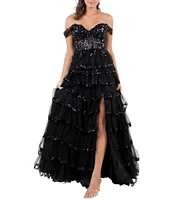 Cinderella Couture Off-The-Shoulder Sequin Beaded Bodice Tiered Tulle Ruffled A-Line Gown