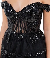 Cinderella Couture Off-The-Shoulder Sequin Beaded Bodice Tiered Tulle Ruffled A-Line Gown