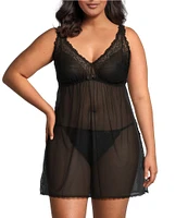 Cinema Etoile Plus Size Solid Chiffon & Lace Open Side Babydoll