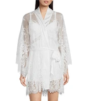 Cinema Etoile Satin Eyelash Lace Sweetheart Neck 3/4 Sleeve A-Line Babydoll & Robe Set