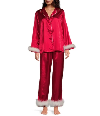 Cinema Etoile Satin Marabou Holiday Long Sleeve Notch Collar Pajama Set