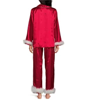 Cinema Etoile Satin Marabou Holiday Long Sleeve Notch Collar Pajama Set