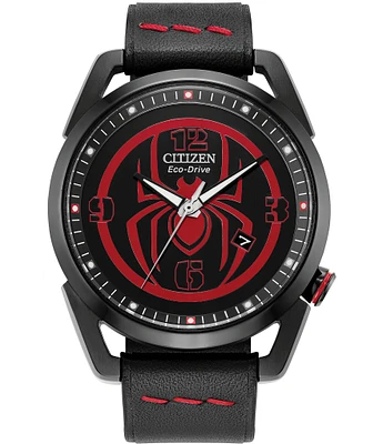 Citizen Men's Marvel Miles Morales Spider-Man Three Hand Black Leather Strap Watch