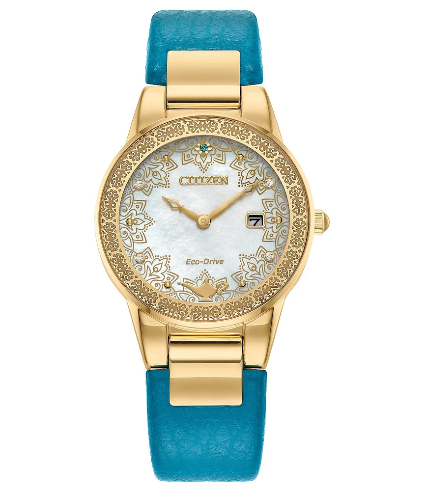 Citizen Women's Disney Collection Aladdin Two Hand Teal Leather Strap Watch and Pin Set