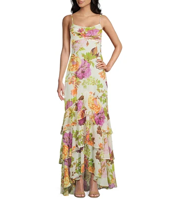 City Vibe Chiffon Floral Print Drape Neck Drop Waist Ruffle Tiered Maxi Dress