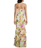 City Vibe Chiffon Floral Print Drape Neck Drop Waist Ruffle Tiered Maxi Dress
