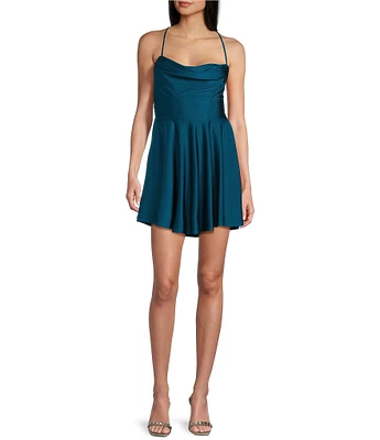 City Vibe Cowl Neck Criss Cross Back Pleated Dress