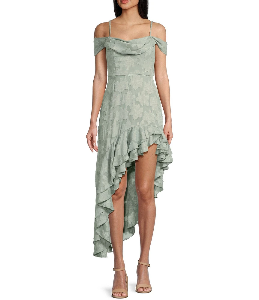 City Vibe Drape Neck Off-The-Shoulder Ruffled Asymmetric High-Low Hem Midi Dress