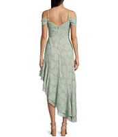 City Vibe Drape Neck Off-The-Shoulder Ruffled Asymmetric High-Low Hem Midi Dress