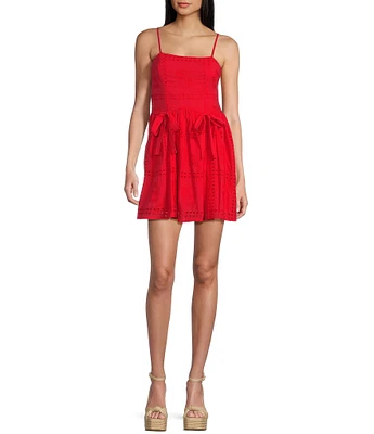 City Vibe Eyelet Embroidered Sleeveless Bow Accent Dress