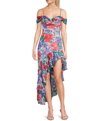 City Vibe Floral Print Drape Off The Shoulder Neck Ruffled Asymmetrical Hem Midi Dress
