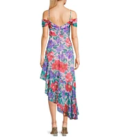 City Vibe Floral Print Drape Off The Shoulder Neck Ruffled Asymmetrical Hem Midi Dress