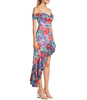 City Vibe Floral Print Drape Off The Shoulder Neck Ruffled Asymmetrical Hem Midi Dress