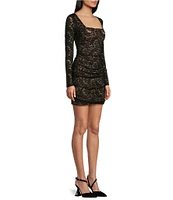 City Vibe Long Sleeve Lace-Glitter Square Neck Lace-Up Back Dress