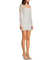 City Vibe Long Sleeve Mesh Bow Print Ruched Mini Dress