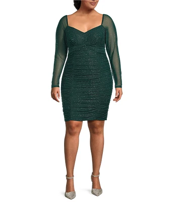 City Vibe Plus Long Sleeve Mesh Peek-A-Boo Ruched Skirt Bodycon Dress