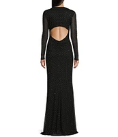 City Vibe Long Sleeve Square Neck Mesh With Studs Long Dress