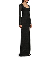 City Vibe Long Sleeve Square Neck Mesh With Studs Long Dress