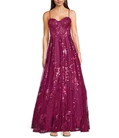 City Vibe Mesh Sequin Spaghetti Strap Sweetheart Neck Ballgown Dress