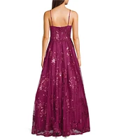 City Vibe Mesh Sequin Spaghetti Strap Sweetheart Neck Ballgown Dress