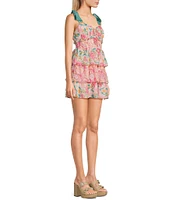 City Vibe Mixed Floral Print Sweetheart Neck Smocked Empire Waist Tiered Dress