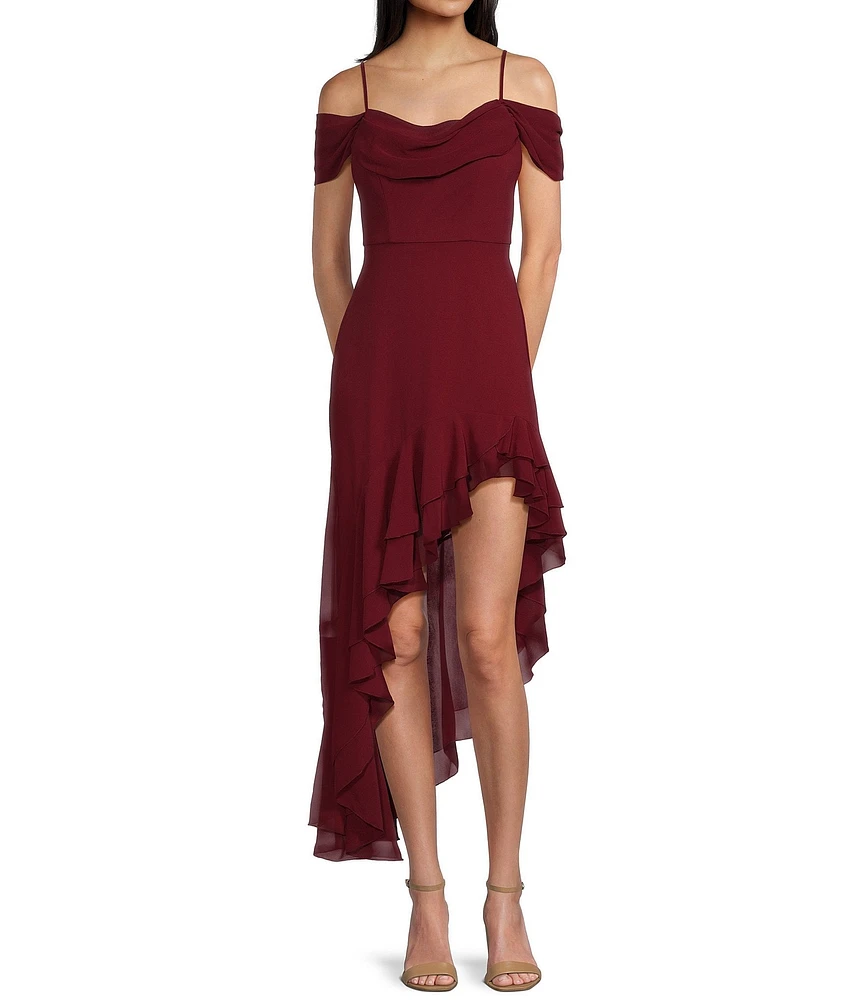 City Vibe Off The Shoulder Drape Chiffon Ruffle Hi-Lo Dress