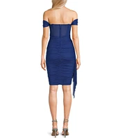 City Vibe Off-The-Shoulder Drape Corset Bodice Mesh Dress