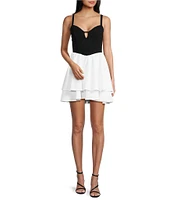 City Vibe Plunge Neck Sleeveless Corset Bodice 2-Tone Layered Dress
