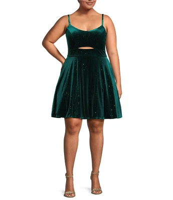 City Vibe Plus Glitter Velvet Front Cut-Out Fit-And-Flare Dress