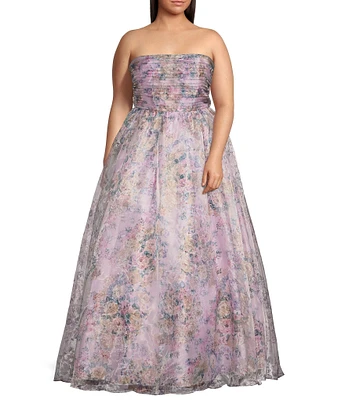 City Vibe Plus Size Floral Print Sweetheart Neck Sleeveless Back Sash Tie Ballgown