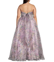 City Vibe Plus Size Floral Print Sweetheart Neck Sleeveless Back Sash Tie Ballgown