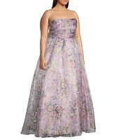 City Vibe Plus Size Floral Print Sweetheart Neck Sleeveless Back Sash Tie Ballgown