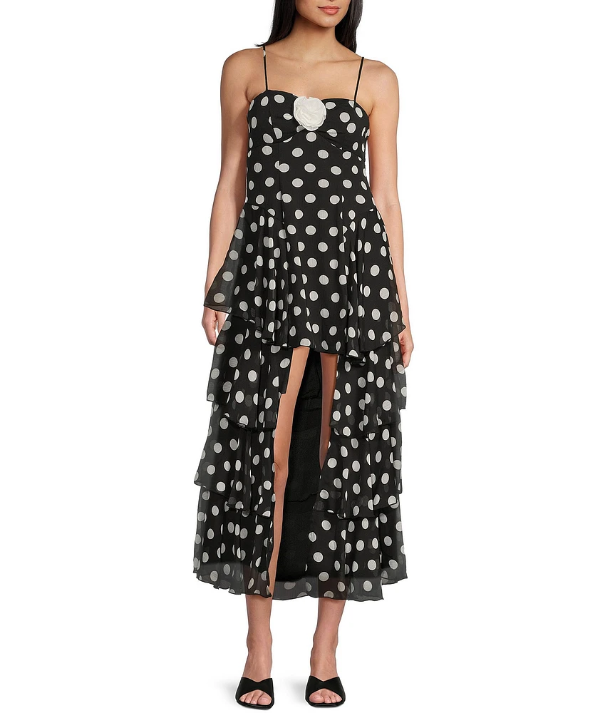City Vibe Polka Dot Bandeau Bodice Spaghetti Strap Rosette Front High-Low Ruffled Tiered Dress