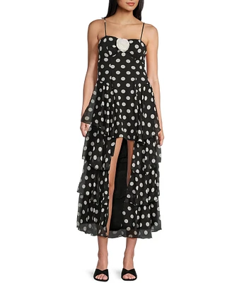 City Vibe Polka Dot Bandeau Bodice Spaghetti Strap Rosette Front High-Low Ruffled Tiered Dress