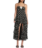 City Vibe Polka Dot Bandeau Bodice Spaghetti Strap Rosette Front High-Low Ruffled Tiered Dress