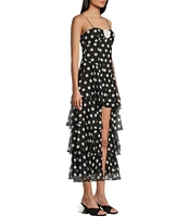 City Vibe Polka Dot Bandeau Bodice Spaghetti Strap Rosette Front High-Low Ruffled Tiered Dress