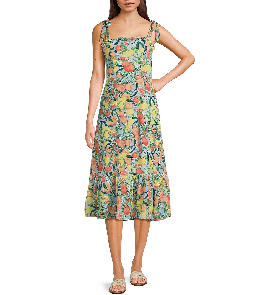 City Vibe Printed Sweetheart Neck Ruffle Tie Strap Midi Dress