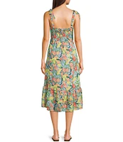 City Vibe Printed Sweetheart Neck Ruffle Tie Strap Midi Dress